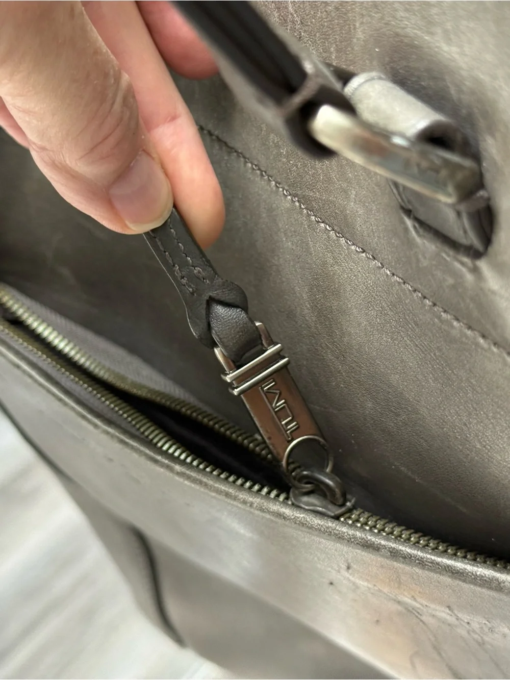 Huge Tumi Gray Leather Cross-body Tote Bag with Adjustable Strap